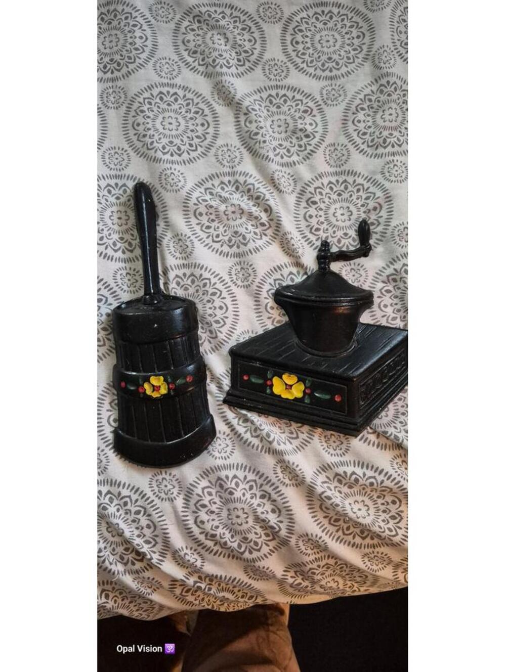 Vintage Black Hand-Crank Coffee Grinder and Wooden Pepper Mill Set